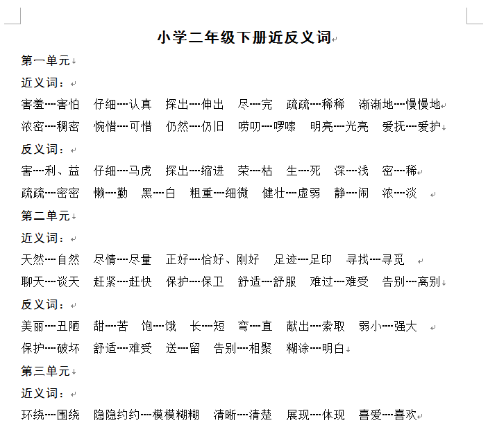 8 小学二年级下册语文近义词和反义词(word文档共2页电子版下载)